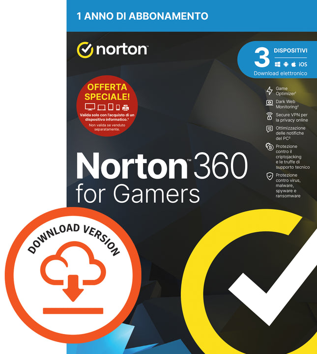 NORTON 360 FOR GAMERS 50GB IT 1 USER 3 DEVICE 1Y ATTACH VECCHIO CODICE 21416227