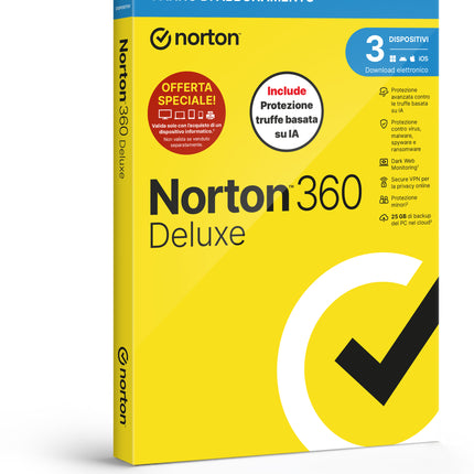 NORTON 360 DELUXE 2026 -ANTITRUFFA- ATTACH - 3 DISPOSITIVI 12 MESI 25GB - IT BOX