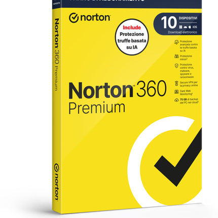 NORTON 360 PREMIUM 2026 - ANTITRUFFA-10 DISPOSITIVI 12 MESI 75GB - IT BOX