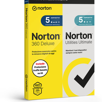 NORTON 360 DELUXE 2026 -ANTITRUFFA- 5 DISPOSITIVI 12 MESI 50GB + UTILITIES ULTIMATE - IT BOX