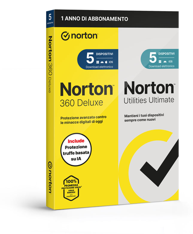 NORTON 360 DELUXE 2026 -ANTITRUFFA- 5 DISPOSITIVI 12 MESI 50GB + UTILITIES ULTIMATE - IT BOX