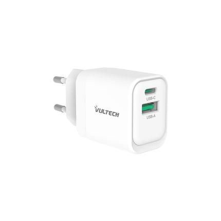 VULTECH CARICATORE ADATTATORE UNIVERSALE, 1 X TYPE-C PD30 E 1 X USB QC3.0, GAN PPS 33W, BIANCO COMPA