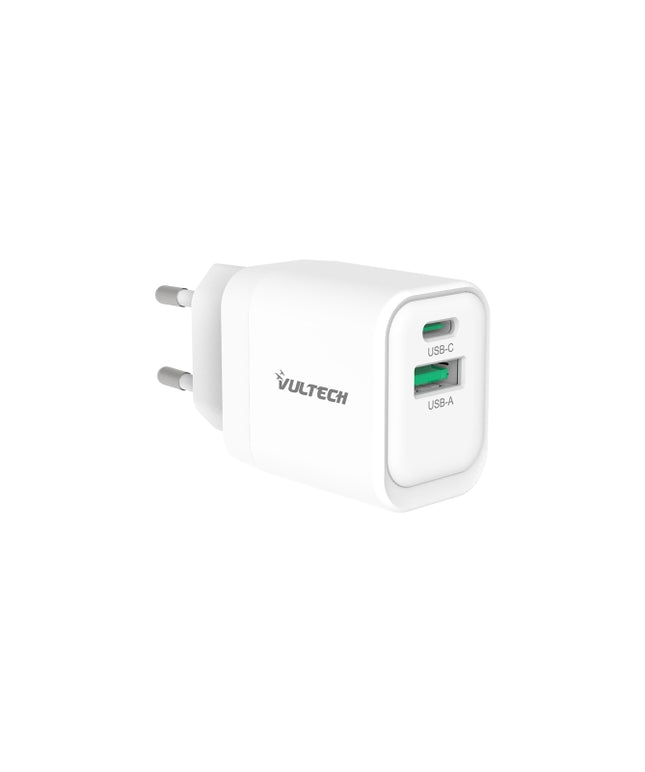 VULTECH CARICATORE ADATTATORE UNIVERSALE, 1 X TYPE-C PD30 E 1 X USB QC3.0, GAN PPS 33W, BIANCO COMPA