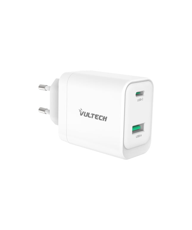 VULTECH CARICATORE ADATTATORE UNIVERSALE, 1 X TYPE-C, 1 X USB PD45 GAN PPS 45W QC3.0, BIANCO COMPATT