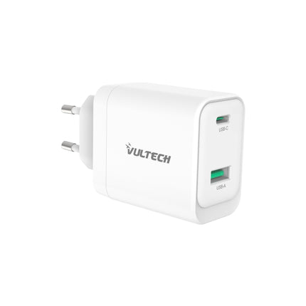VULTECH CARICATORE ADATTATORE UNIVERSALE, 1 X TYPE-C, 1 X USB PD45 GAN PPS 45W QC3.0, BIANCO COMPATT