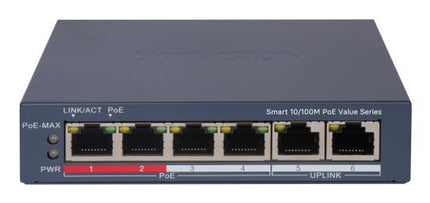 SWITCH HIKVISION SMART MANAGED POE 10/100 L2, 4 10/100M RJ45 POE PORTS, 2 10/100M RJ45 PORT, 802.3AF