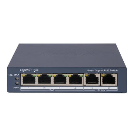 HIKVISION SWITCH L2, SMART MANAGED, 4 GIGABIT RJ45 POE PORTS, 2 GIGABIT RJ45 PORT, 802.3AF/AT, POE P