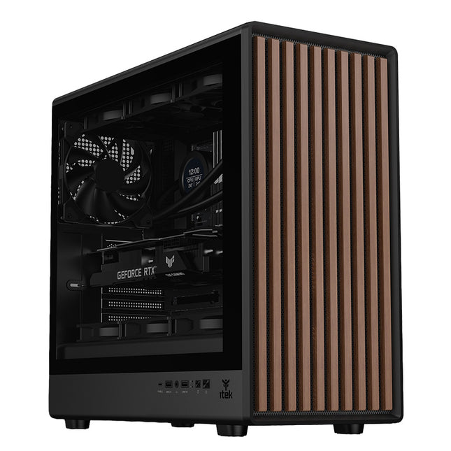 CASE WOODY W2B GAMING  TOWER  ATX 4x14CM BLACK fAN 2xUSB3 TYPE-C WOOD FRONT DARKER TEMP GLASS SIDE